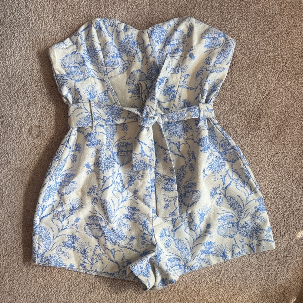 Strapless Blue Floral Tie-Waist Romper
